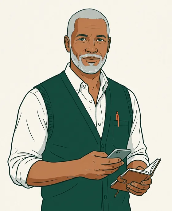 Sterling, the Ask Sterling guide: an illustrated man with silver hair in a green vest, holding a phone and a notebook